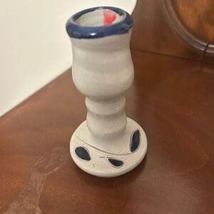 Artisan Ceramic Candle Holder with Blue Trim